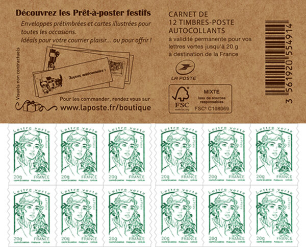 Carnet de 12 timbres Marianne - Vert - Couverture sur les Prêt-à-Poster