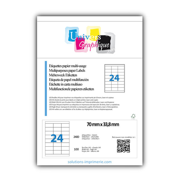 Lot de 100 planches a4 de 24 étiquettes à bords vifs 70 x 33 8 mm en papier blanc 70g/m² multifonction