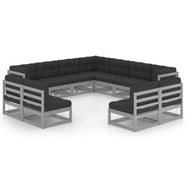 vidaXL Salon de jardin 11 Pièces avec coussins Gris Bois de pin massif