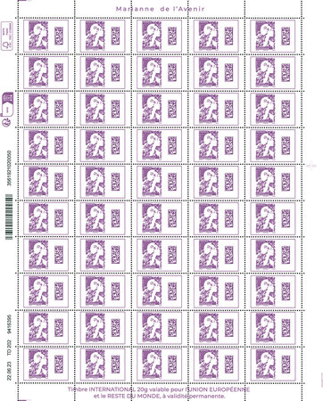 Feuille 50 timbres Marianne de l'avenir - Lettre internationale - Violet