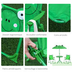 Ensemble salon de jardin enfant 4 Pièces design grenouille - table ronde + 2 chaises pliables + parasol - métal époxy oxford vert