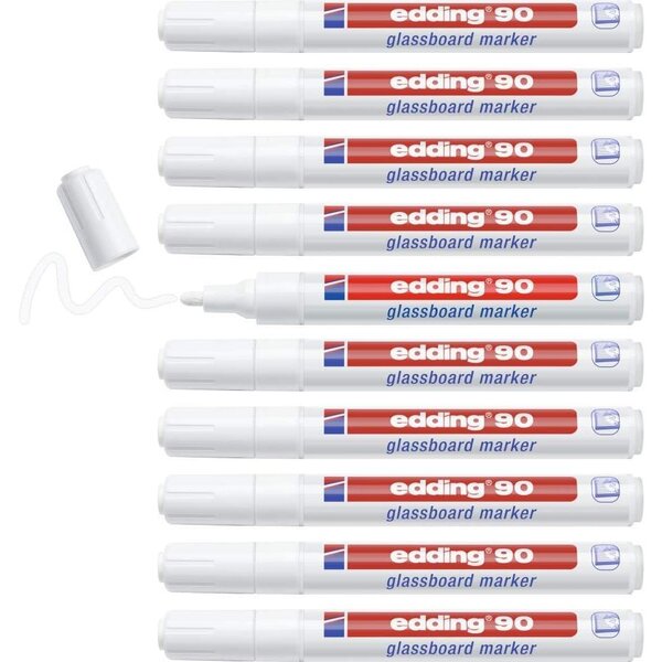 Marqueur 90 tableau en verre vitres 2/3mm pointe ogive effaçable à sec coloris blanc x 10 EDDING