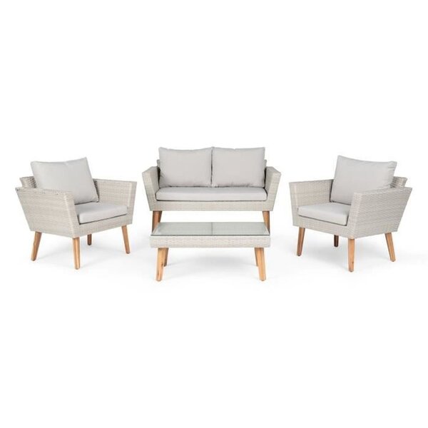 Salon de jardin en résine tressée et pieds en bois d'Acacia avec coussins - 4 personnes - MIRA - Gris