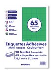 20 planches a4 - 65 étiquettes 38,1 mm x 21,2 mm autocollantes vert par planche pour tous types imprimantes - jet d'encre/laser/photocopieuse
