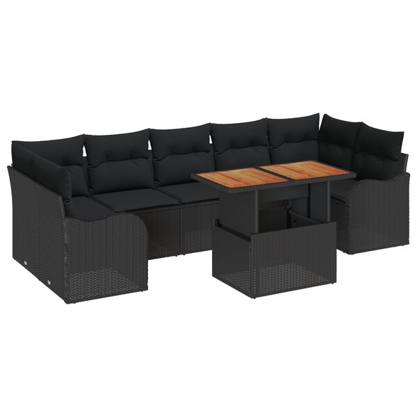 vidaXL Set de canapé de jardin 8 pièces avec des coussins en résine poly tressée noire et en acacia.