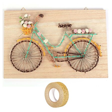Coffret cadre bois String Art Bicyclette 30 cm + masking tape doré à paillettes 5 m