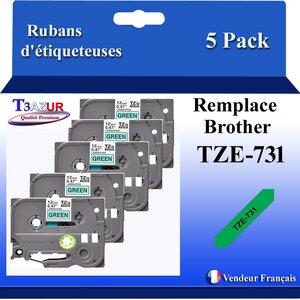 5x Rubans d'étiqueteuses compatibles avec Brother Tze731  Tze-731 - Texte noir sur fond vert