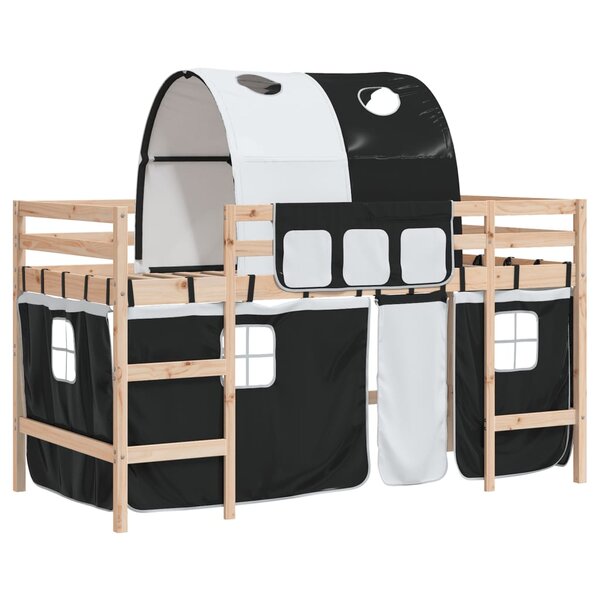 vidaXL Lit mezzanine enfants et tunnel blanc/noir 90x200 cm pin massif