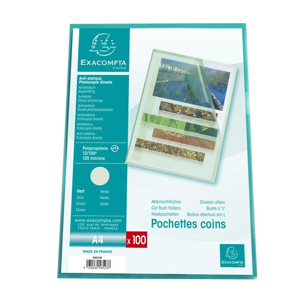 Sachet 100 Pochettes Polypropylène Grainé 12/100e - A4 - Vert - X 10 - Exacompta