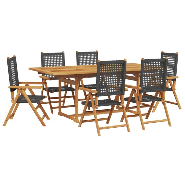 vidaXL Ensemble à manger de jardin 7 Pièces noir rotin et bois massif