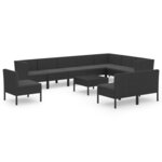 vidaXL Salon de jardin 11 Pièces avec coussins Résine tressée Noir
