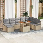 Ensemble de canapés de jardin 9 pièces avec coussins beige poly rotin acacia