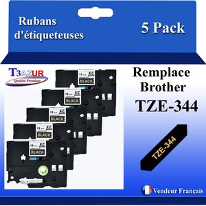 5x  Rubans d'étiqueteuses compatibles avec Brother Tze344  Tze-344 pour étiqueteuses P-touch - Texte doré sur fond noir - Largeur 18 mm x 8 mètres - T3AZUR