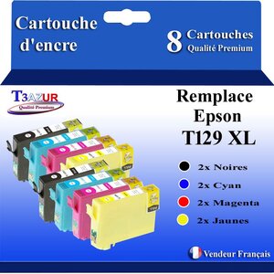 T3AZUR- 8x Cartouches Compatibles avec Epson T1291 T1292 T1293 T1294 remplace Epson Stylus Office SX230 SX235W SX420W SX425W SX430W SX435W SX438W
