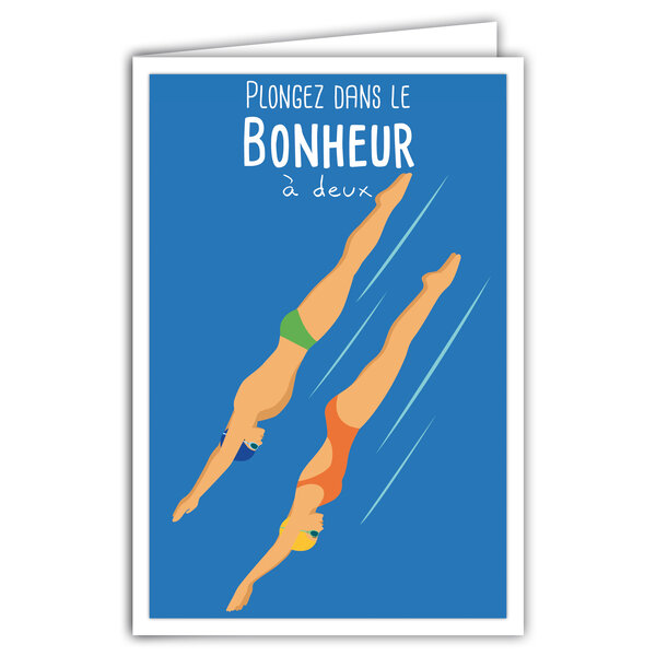 Carte Plongez dans le BONHEUR À DEUX avec Enveloppe - Affichette Mini Posters Format 17x11 5cm - Félicitations pour un Couple Homme Femme Plongeurs Eau Bleue Piscine Mer Rétro Vintage