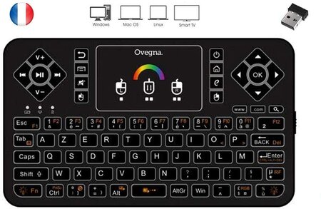 Ovegna Q9 : Mini Clavier sans Fil AZERTY, Wireless 2.4Ghz, Touchpad, Batterie Rechargeable, Rétro-éclairée RVB, pour Smart TV, PC, Mini PC, Mac, Raspberry PI 2/3/4, Consoles, Laptop et Android Box