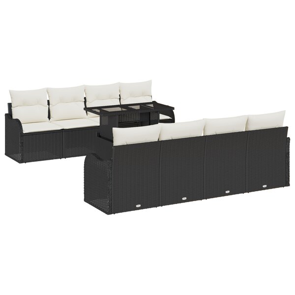 vidaXL Ensemble de canapés de jardin 9 pièces noir avec coussins en poly rattan