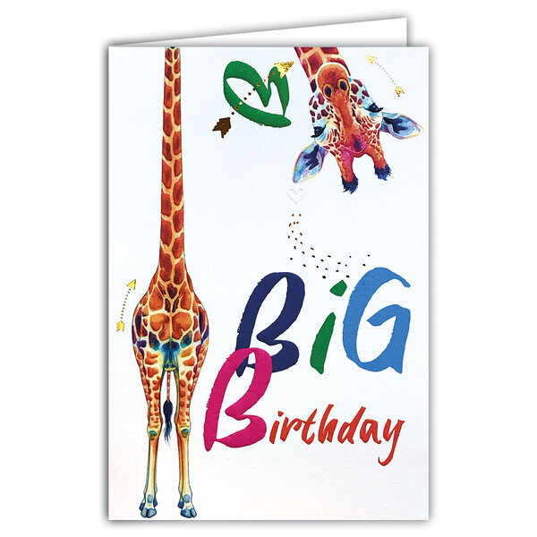69-3127 Carte Anniversaire Girafe au long cou Animal d'Afrique Big Birthday Peinture Aquarelle Mignonne - Finitions Dorure Or Doré + Gaufrage en Relief +1 Enveloppe Format 12x17cm - Fabriqué en Europe