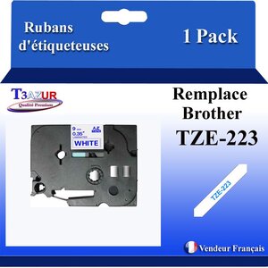 Ruban d'étiqueteuse compatible avec Brother Tze223 Tze-223 pour étiqueteuses P-touch - Texte bleu sur fond blanc - Largeur 9 mm x 8 mètres - T3AZUR