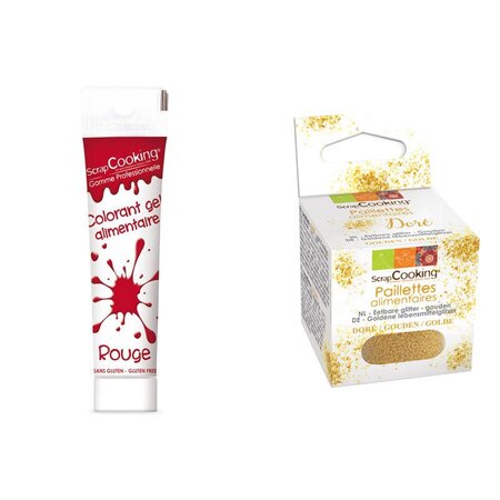 Gel colorant alimentaire rouge 20 g + paillettes dorées