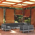 vidaXL Salon de jardin 9 Pièces avec coussins Gris Bois de pin massif