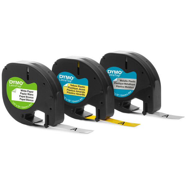 DYMO LetraTag lot de 3 rubans adhésifs (1 x papier blanc 1 x plastique jaune 1 x plastique métallique) 12mm x 4m blister
