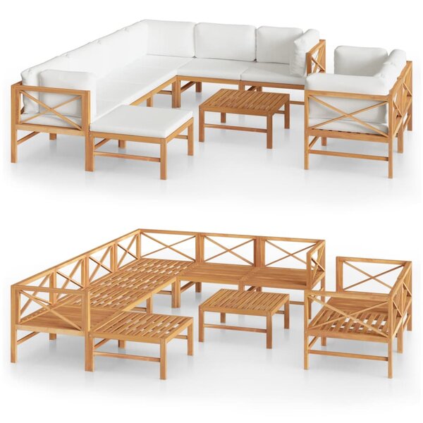 vidaXL Salon de jardin 10 Pièces avec coussins crème Bois de teck solide