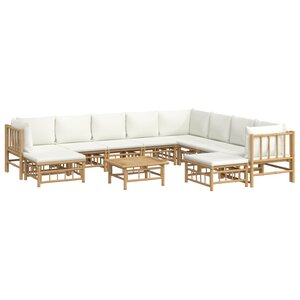 Salon de jardin meuble d'extérieur ensemble de mobilier 11 pièces avec coussins blanc crème bambou 02_0015302