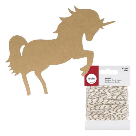 Silhouette en bois mdf Licorne 25 cm + Ficelle dorée & blanche 15 m