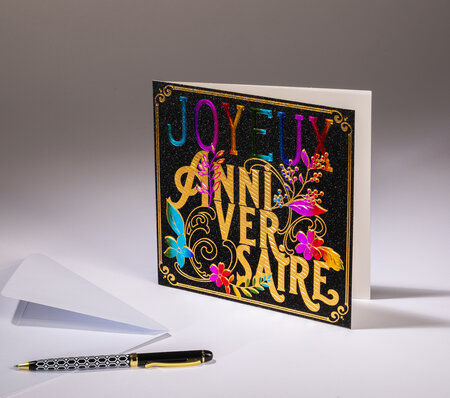 Carte double sparkle - joyeux anniversaire - papier paillette noire  dorures arc-en-ciel et or