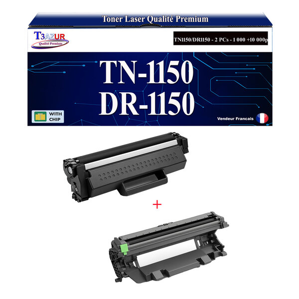 T3AZUR - Toner + Tambour compatible avec Brother HL-L1240W  HL-L1242W  HL-L1242WXL remplace Brother TN1150  DR1150 Noir