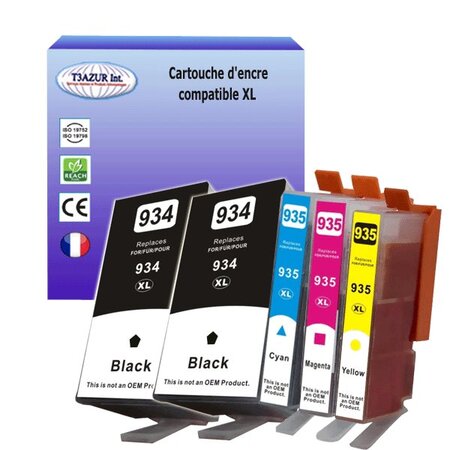 5 Cartouches compatibles avec HP OfficeJet 6825, Pro 6220 ePrinter remplace HP 934XL, HP 935XL  (Noire+Couleur)- T3AZUR