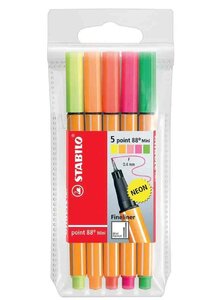 Pochette de 5 Stylos-Feutre POINT 88 MINI Pointe Fine 0 4 mm couleurs FLUO assorties STABILO