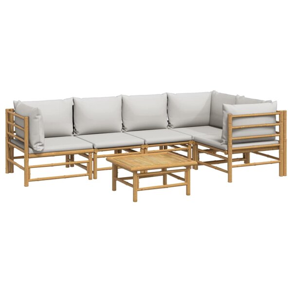 Salon de jardin meuble d'extérieur ensemble de mobilier 6 pièces avec coussins gris clair bambou 02_0016776