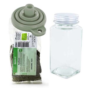 Flacon à épices poudreur + entonnoir + basilic bio 15 g