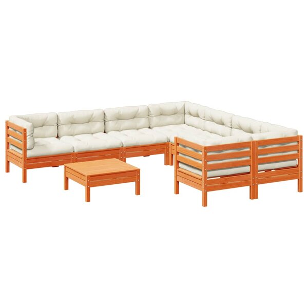 vidaXL Salon de jardin 9 Pièces avec coussins marron cire bois pin massif