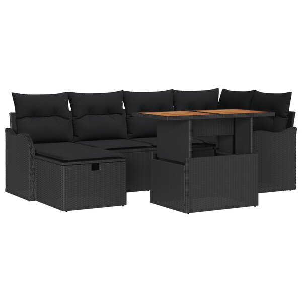 vidaXL Canapé de jardin 7 pièces avec coussins en poly rotin noir