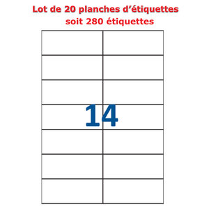Lot de 20 Planches étiquettes autocollantes sur feuille A4 : 105 x 42 3 mm (14 étiquettes par feuille)