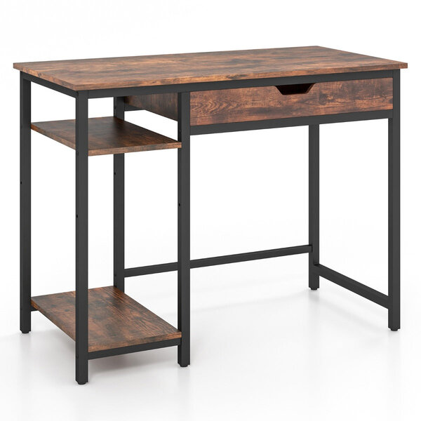 Bureau d'ordinateur avec tiroir poste de travail informatique industriel de 100 cm avec étagère réglable avec crochets brun rustique 20_0007984