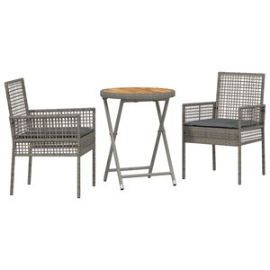 Ensemble Bistro de Jardin 3 Pièces avec Coussins Gris en Poly Rattan
