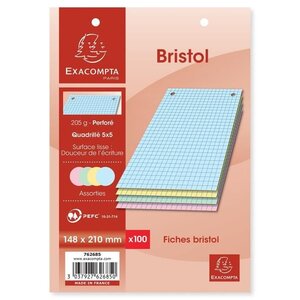 EXACOMPTA - 100 Fiches Bristol couleurs - 4 coloris assortis - Perforées - 14,8 x 21 - 5x5 - Papier P.E.F.C 205G