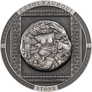 Monnaie COYOLXAUHQUI STONE Antiqued Archeology Symbolism 3 Oz Argent 20$ Cook Islands 2021