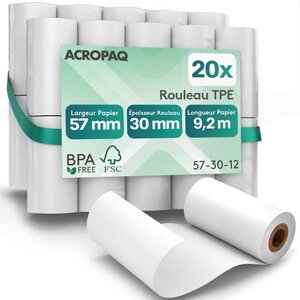 ACROPAQ 20 Rouleaux de caisse 57x30x8mm Thermique 9 2m- Sans BPA - 20 Bobines TPE