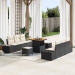 Set de canapé de jardin 9 pièces avec coussins Noir Poly Rattan Acacia