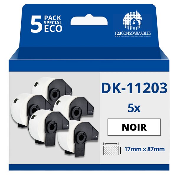 Pack de 5 Rouleaux Étiquettes prédécoupées pour dossiers compatible avec BROTHER DK-11203  - 17x87 mm - 300 unités - Texte noir sur fond blanc