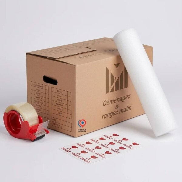 Kit déménagement T3 complet – 40 cartons + 2 rouleaux de mousse + 2 adhésifs avec distributeur et étiquettes Fragile