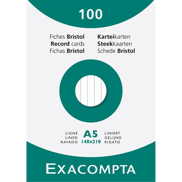 Étui De 100 Fiches - Bristol Ligné Non Perforé 148x210mm - Blanc - X 10 - Exacompta