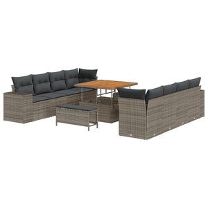 vidaXL Ensemble de Canapés de Jardin 11 Pièces avec Coussins Gris Rattan Poly Acacia