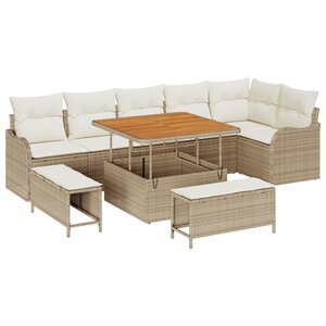Ensemble de Sofa de Jardin 9 Pièces avec Coussins Beige Rattan Poly Acacia