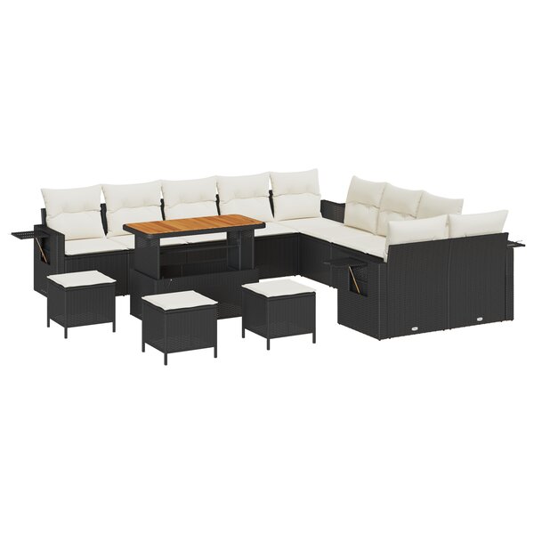 Ensemble de canapé de jardin 14 pièces vidaXL avec coussins en poly rotin noir et acacia